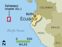 Map showing relative locations of Galápagos Islands and Ecuador. 