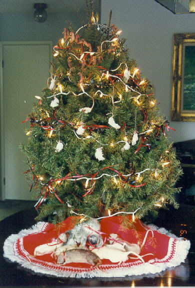 Christmas tree decorated with various sizes of frozen mousies and rats.  One of the advantages of feeding prekilled prey...